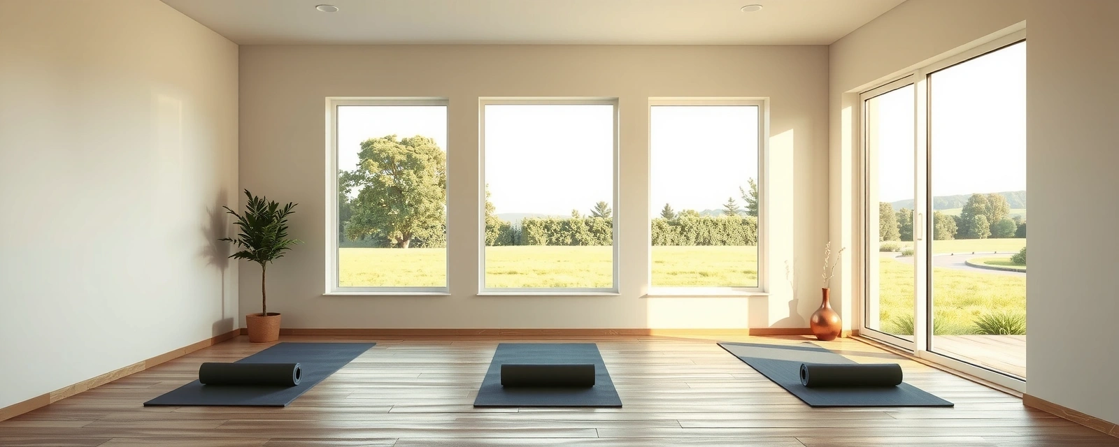 A serene yoga studio with soft lighting and natural elements, embodying peace and balance.