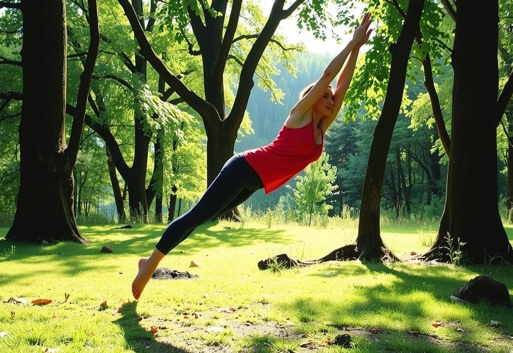 Person doing tree pose in a forest