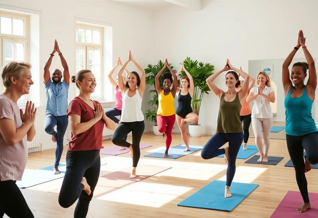 A group of people happily practicing yoga in a serene studio, demonstrating various poses with smiles.