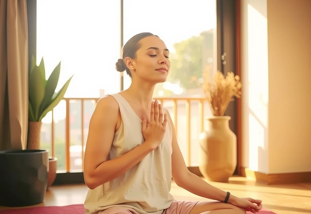 A person in a meditative pose surrounded by soft light, representing tranquility.