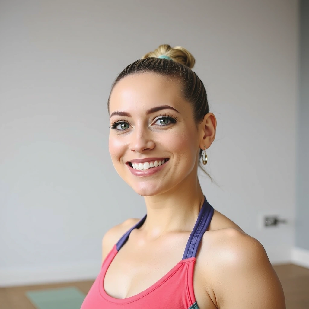 Portrait of yoga instructor Elena Petrova with an energetic and encouraging smile.
