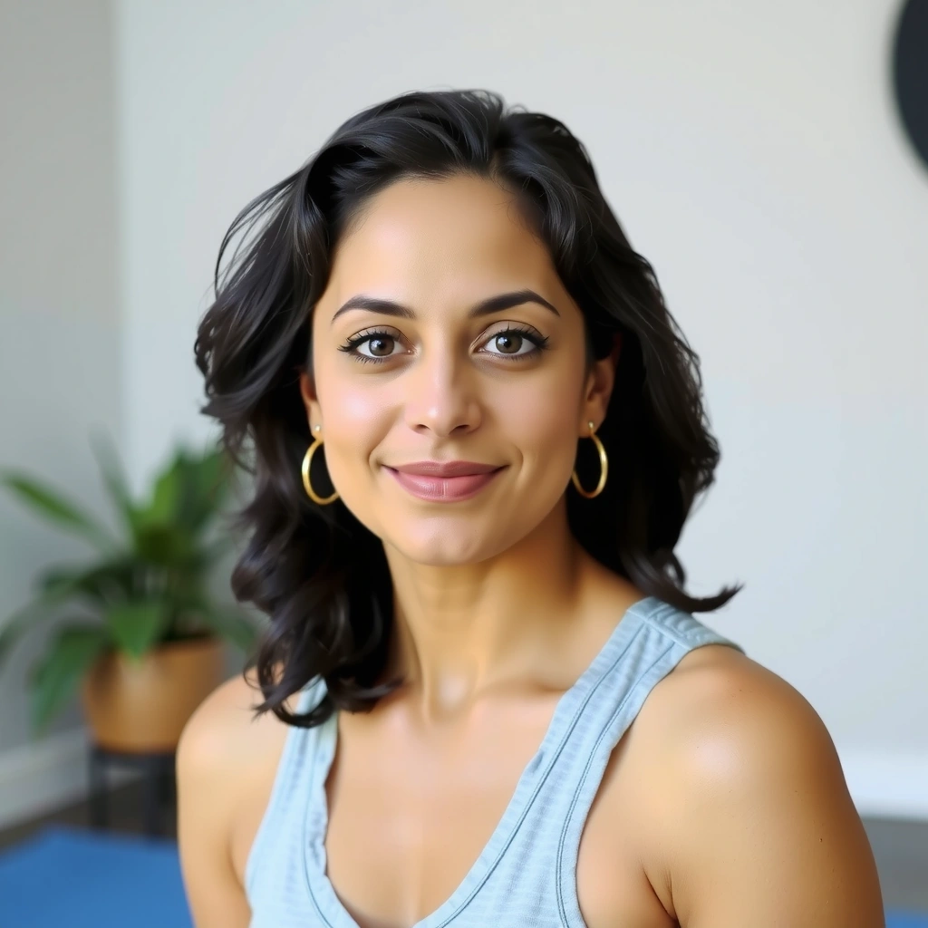 Portrait of yoga instructor Anya Sharma smiling warmly.