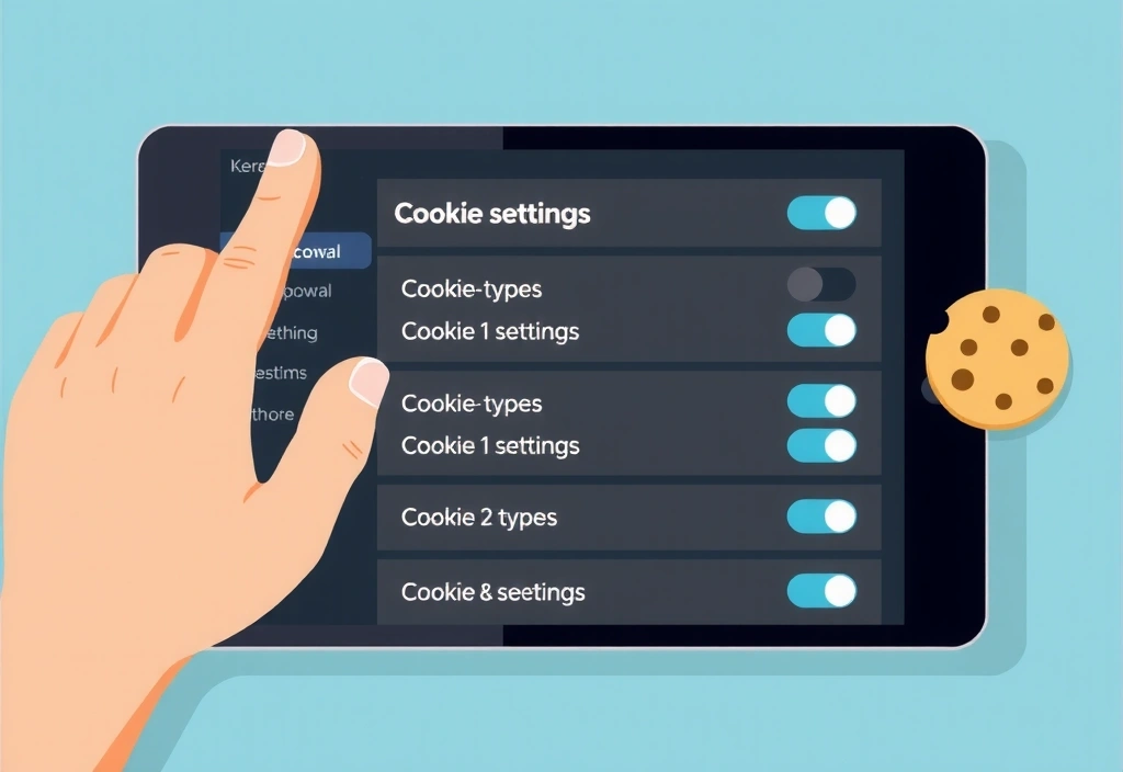 Illustration of a hand interacting with digital cookie settings on a screen.
