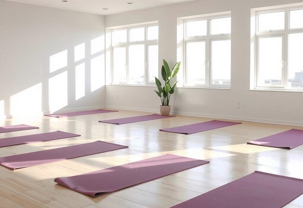 A serene yoga studio with natural light, ready for students