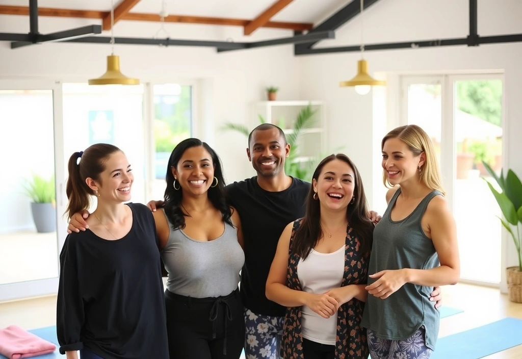 Smiling people interacting in a yoga studio setting