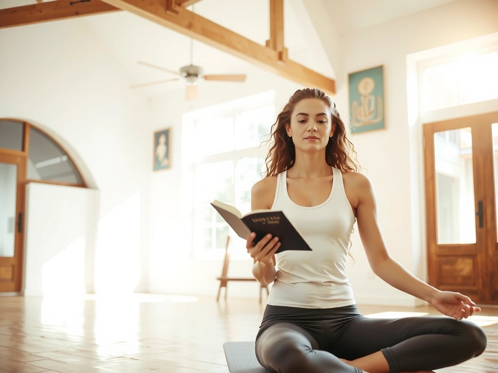 Woman in a comfortable yoga pose, reading a book in a sunlit studio