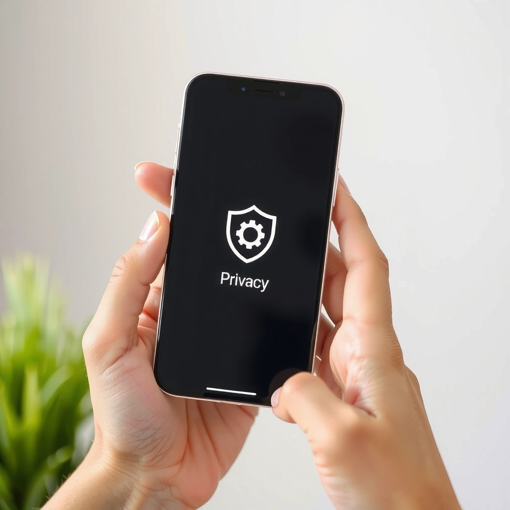 Hands holding a smartphone with privacy settings icon
