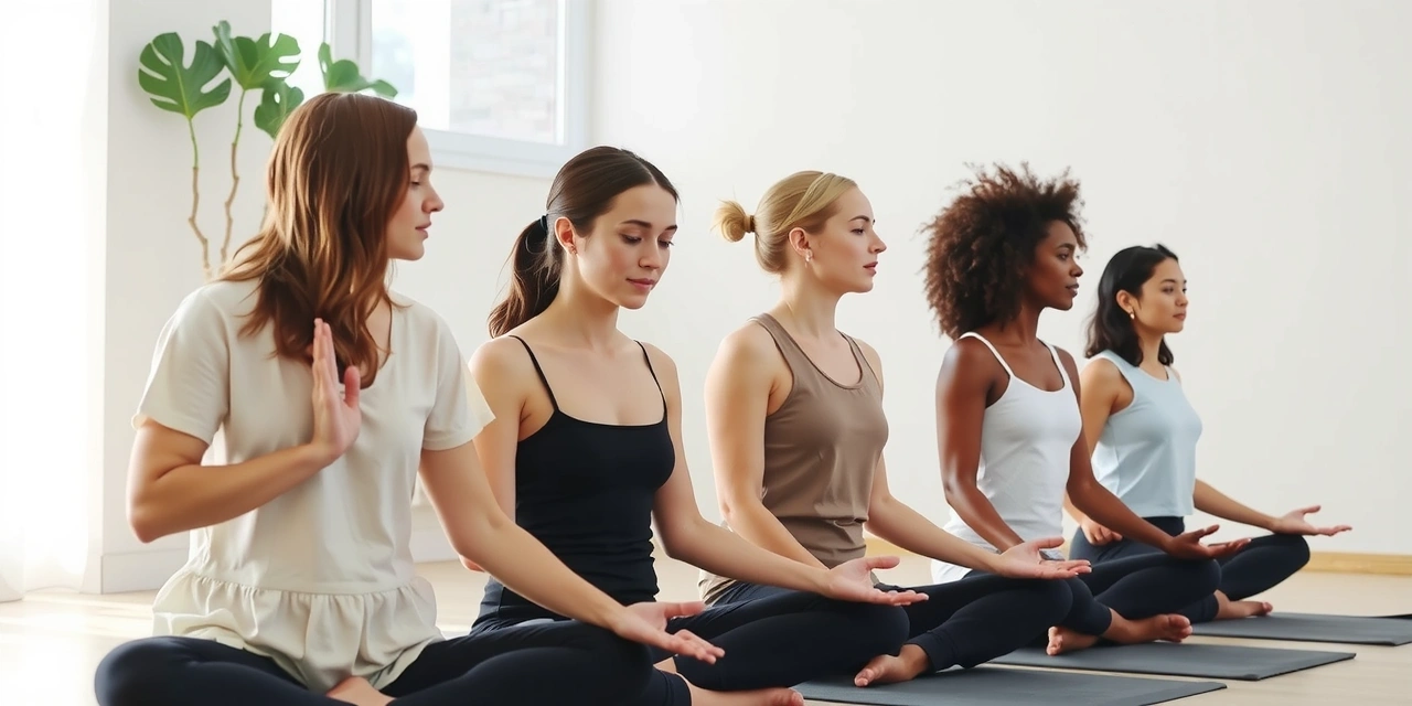 A group of people meditating in a yoga studio during a workshop, bathed in warm, soft light.